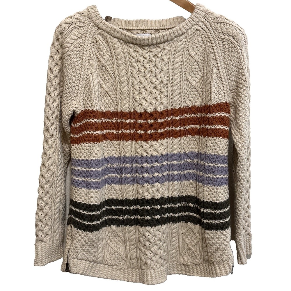 LL Bean Signature Sweater Fisherman Tunic Cable Knit Stripes Cotton Women's M